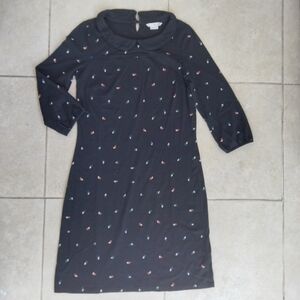 Boden | Leaf Print Peter Pan Collar 3/4 Sleeve Shift Dress Black Size 6R